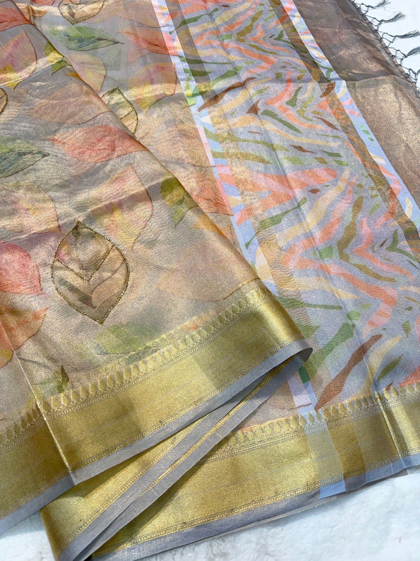 Multicolour Tissue digital print handwork premium designer Banarasi saree