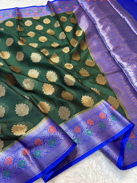 Bottle green blue warm silk premium Banarasi saree