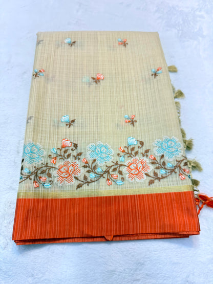 Beige orange shade kota embroidery Banarasi saree