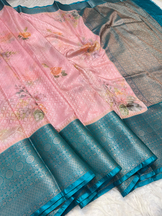 multicolour soft Dupion silk digital  print Banarasi saree