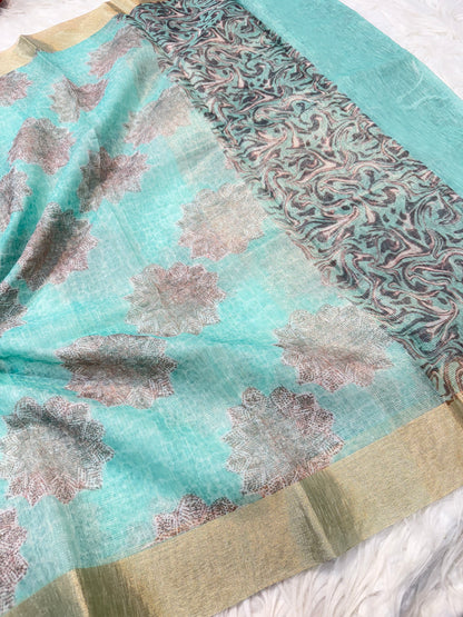 multicolour linen digital print Banarasi saree