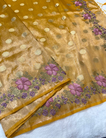 Gold tissue cutwork embroidery premium designer Banarasi saree