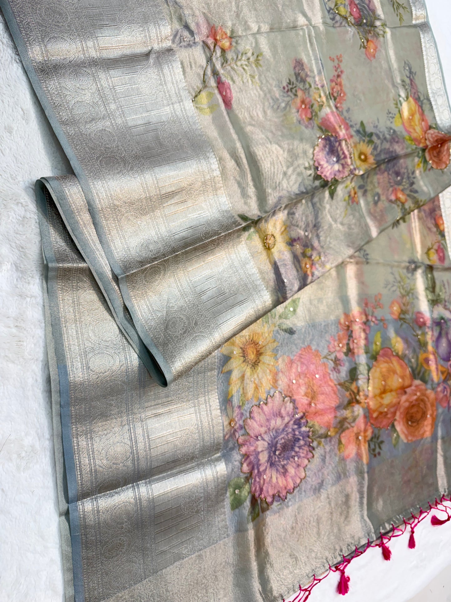 multicolour tissue silk digital print handwork premium Banarasi saree