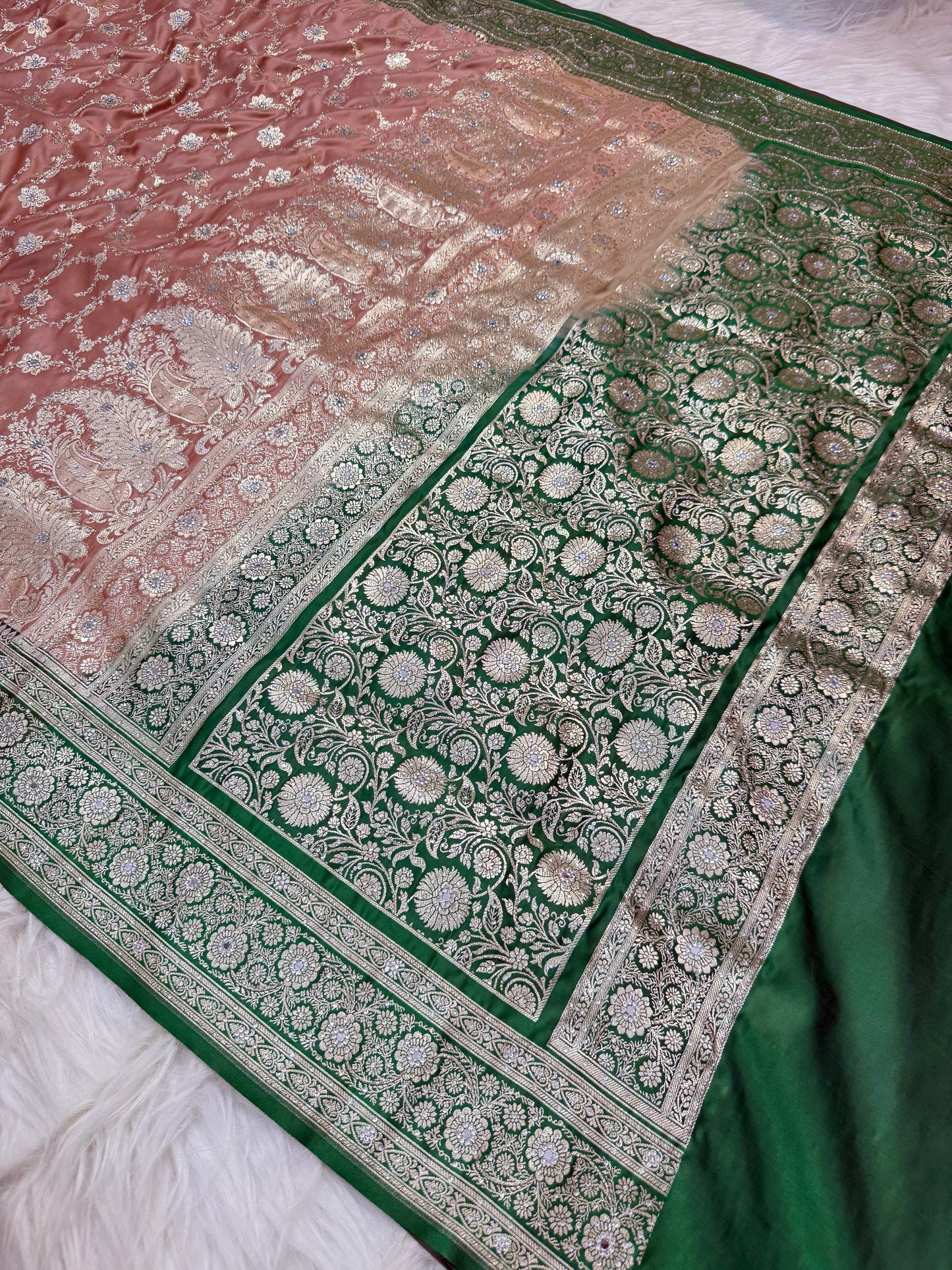 Peach & bottle green shade Bridal Satan katan ari & stone work Banarasi silk Saree