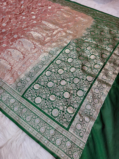 Peach & bottle green shade Bridal Satan katan ari & stone work Banarasi silk Saree