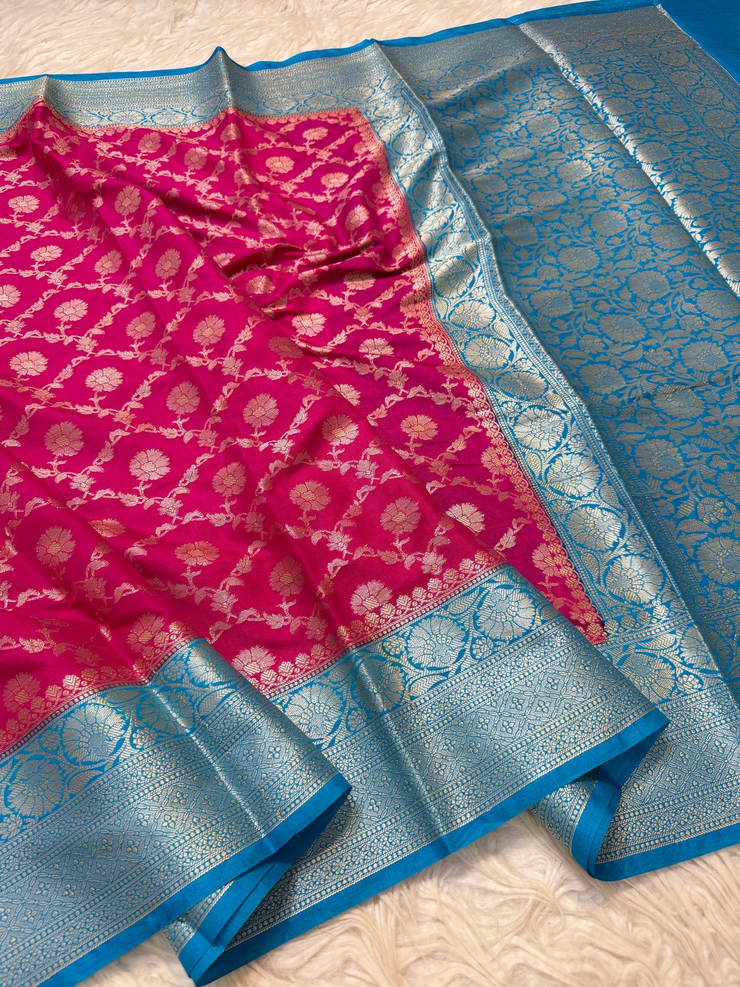 Royal pink firozi shade  Dupion Silk premium Banarasi Saree