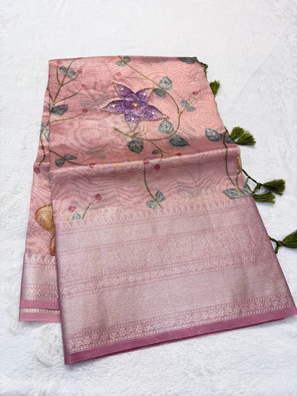 multicolour tissue silk digital print handwork premium Banarasi saree