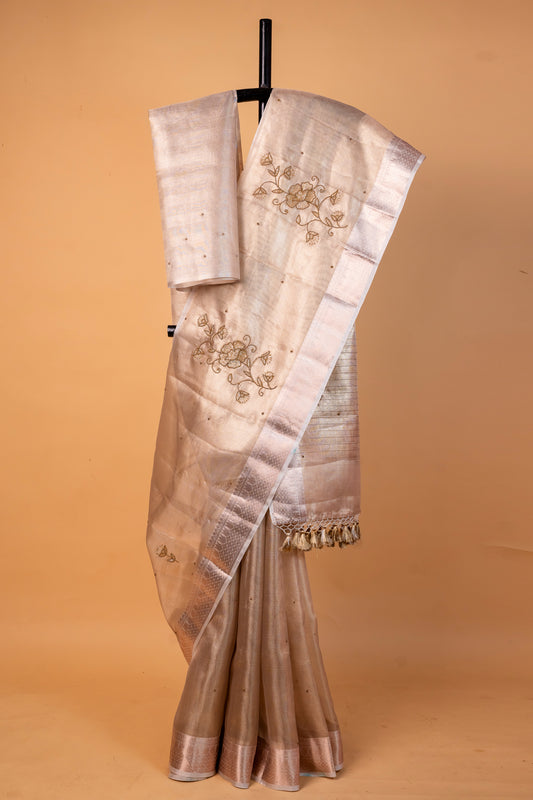 Beige shade tissue designer hand work Banarasi saree