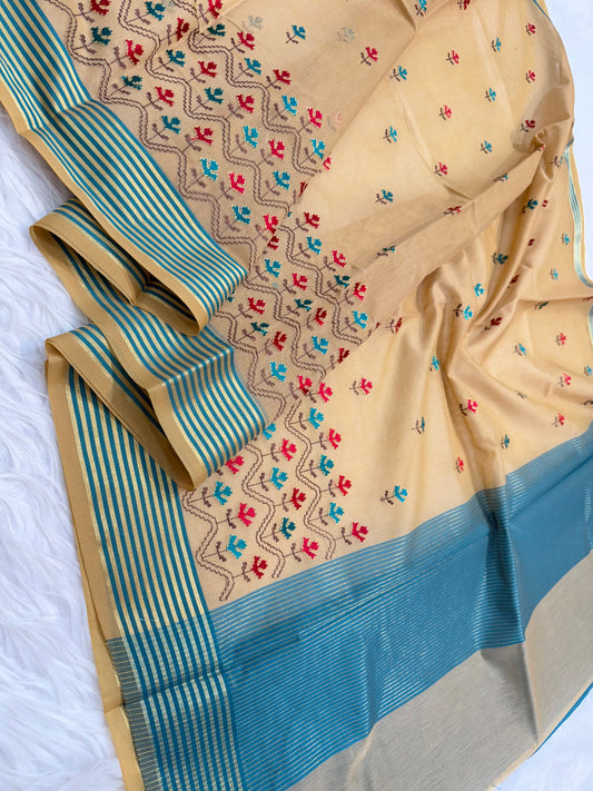 Beige sea green shade supernet embroidery  Banarasi saree