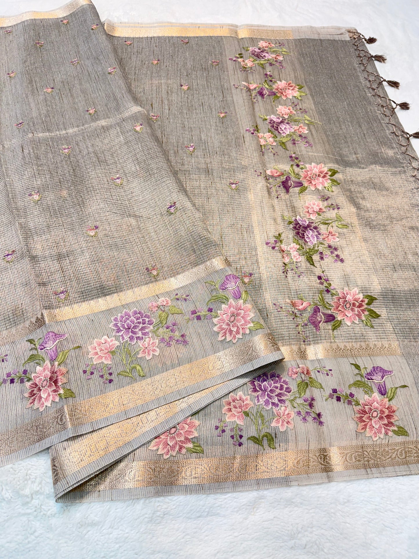 Greay shade tissue linen designer embroidery premium Banarasi saree
