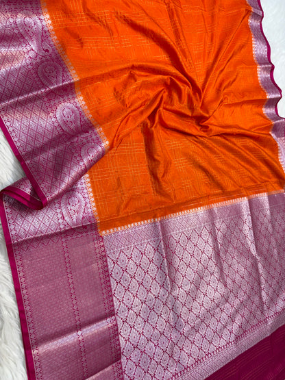 Orange & royal pink shade  Dupion Silk premium Banarasi Saree