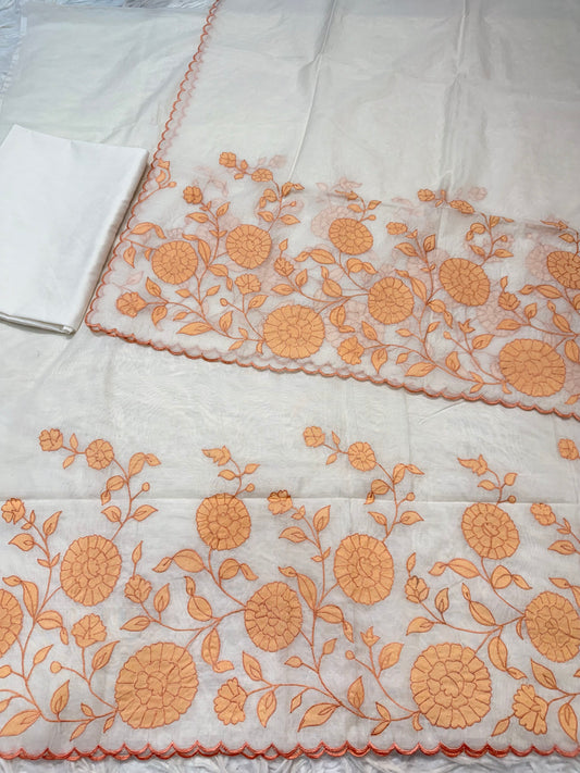 Orange white shade mul chanderi 3 piece appliqué work banarsi suit