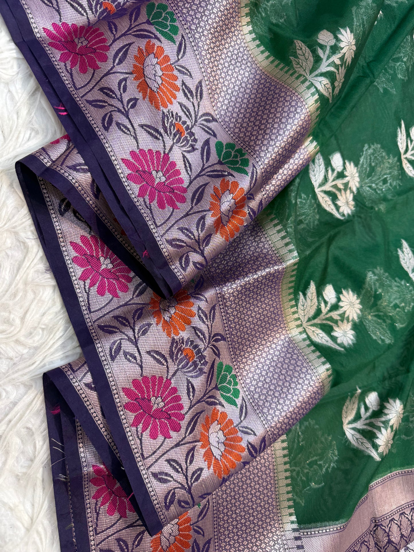 Bottle green & nevy shade georgette Banarasi saree