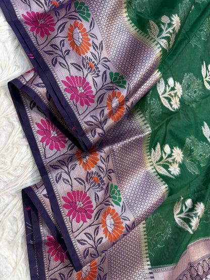 Bottle green & nevy shade georgette Banarasi saree