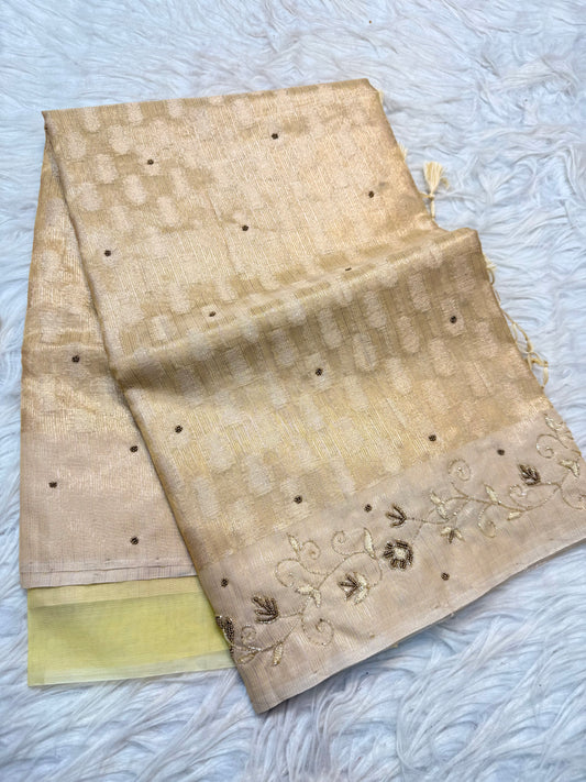 Safety Yellow shade tissue kota zardosi work Banarasi saree
