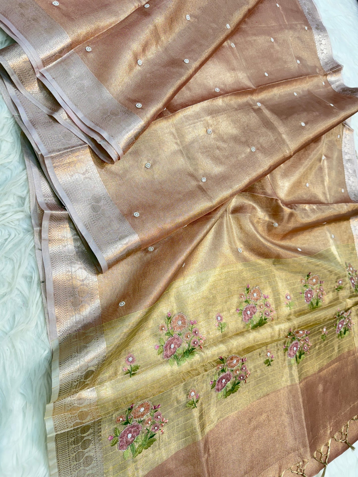 Rose gold shade kota tissue kota designer embroidery handwork premium Banarasi saree