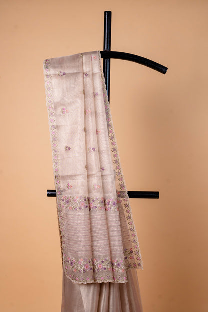 Beige shade tissue kota designer embroidery premium Banarasi saree