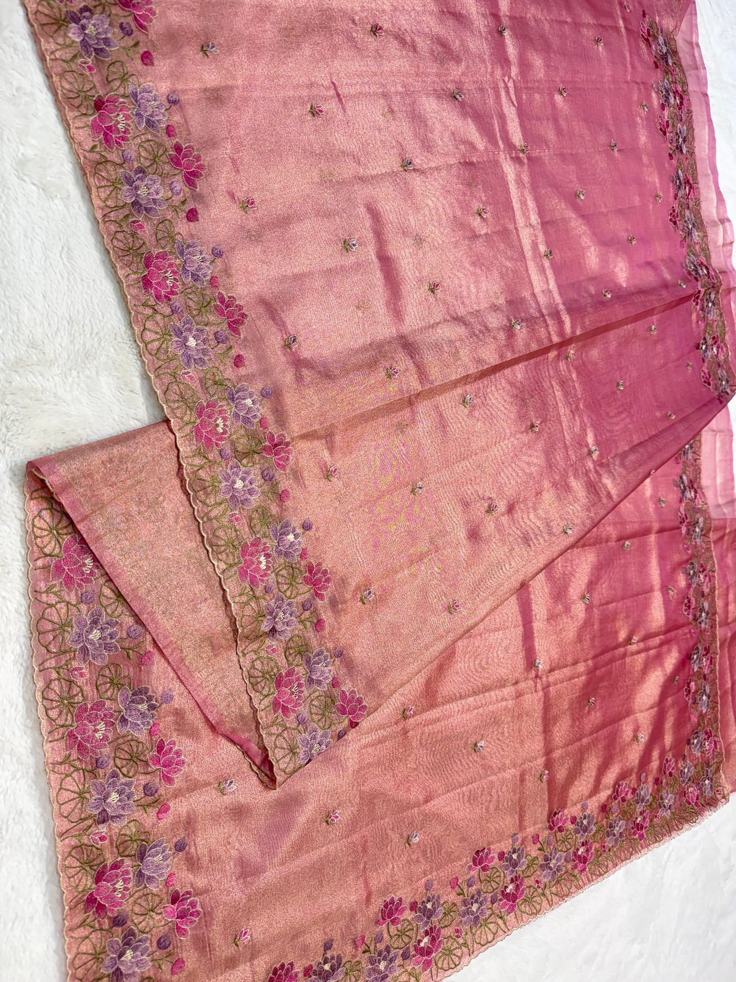 Pink shade tissue cutwork embroidery premium designer Banarasi saree