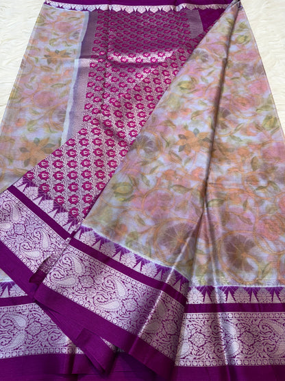 Multi colore warm silk digital print Banarasi saree