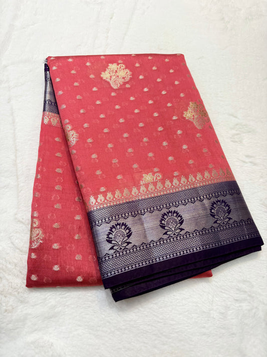 Strowberry & magenta shade raw mango Banarasi premium Banarasi saree
