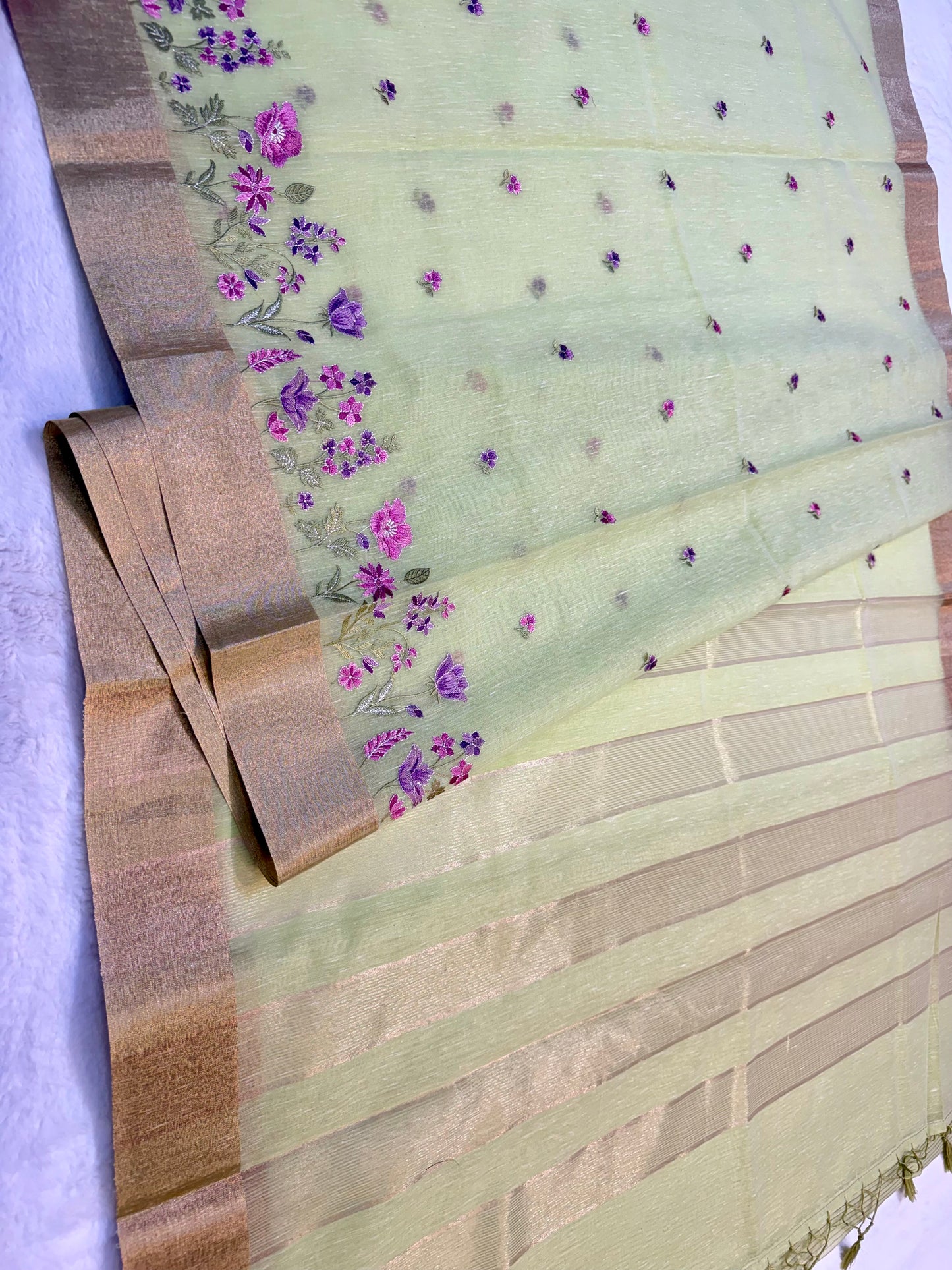 Pista green shade linen embroidery premium Banarasi saree