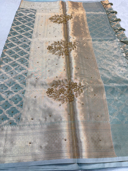 Sea green shade tissue kota designer handwork premium Banarasi saree