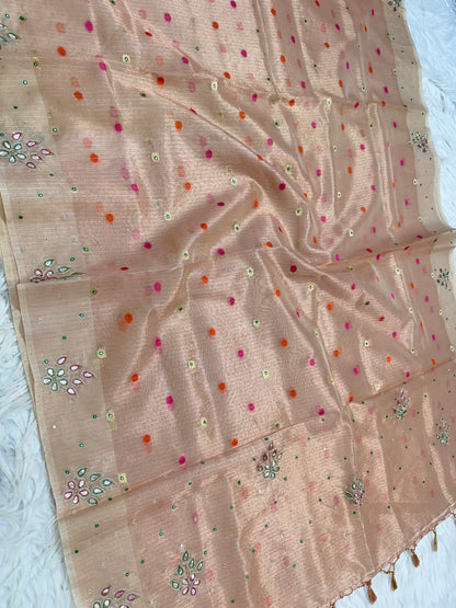 Peach shade tissue kota designer handwork premium Banarasi saree