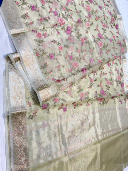 Pista green shade tissue kota embroidery primum Banarasi saree