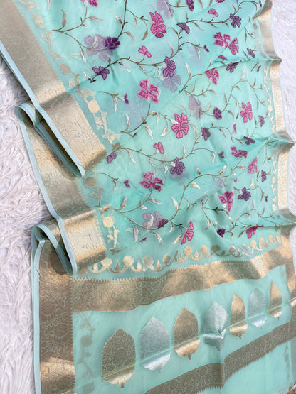 Turquoise shade  kora organza embroidery Banarasi saree