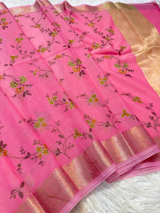 Pink shade kota embroidery Banarasi saree