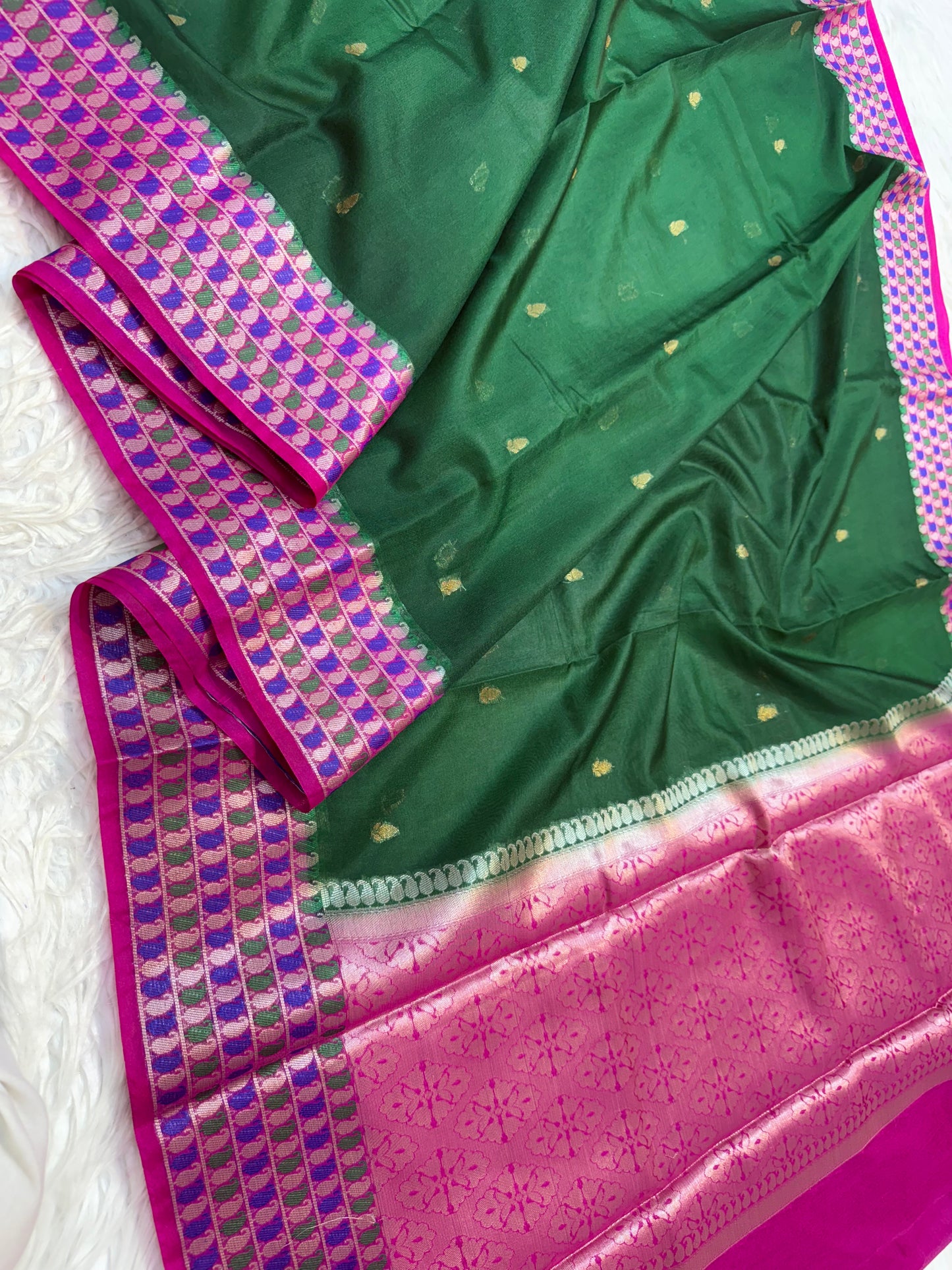 Bottle green & royal pink shade georgette Banarasi saree