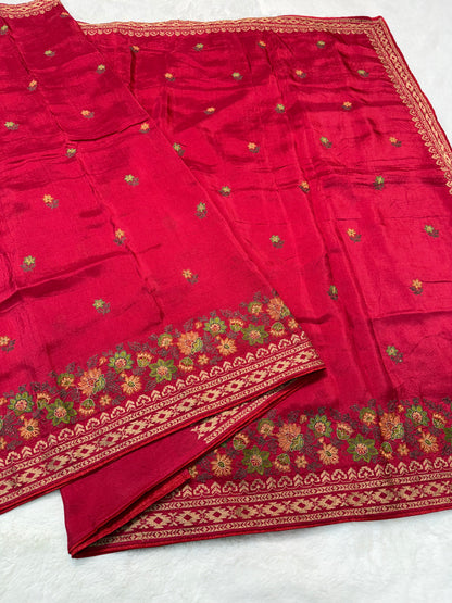 Red shade viscose embroidery premium designer saree