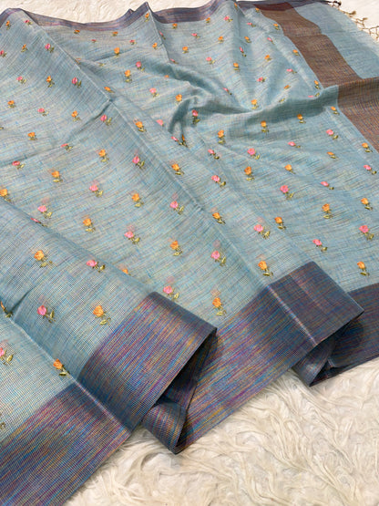 Sea green  shade linen  embroidery Banarasi saree