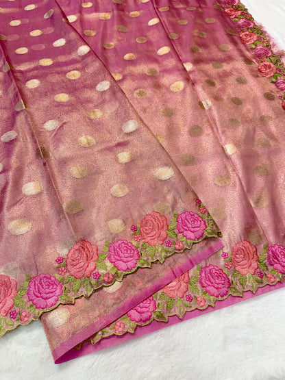 Royal pink shade tissue cutwork embroidery premium designer Banarasi saree
