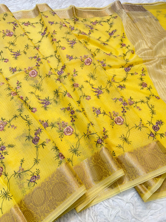 Yellow shade cotton kota embroidery Banarasi saree