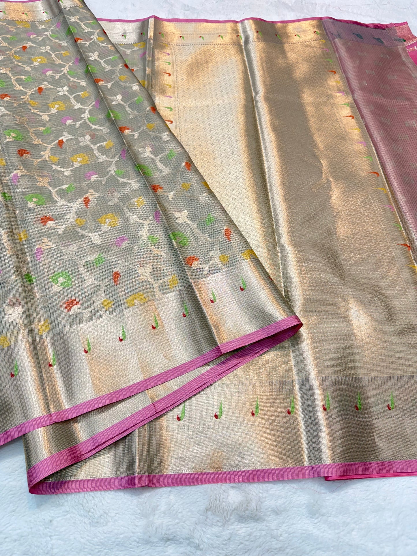 Gray & multicolour shade tissue kota premium paithani border designer banarasi saree