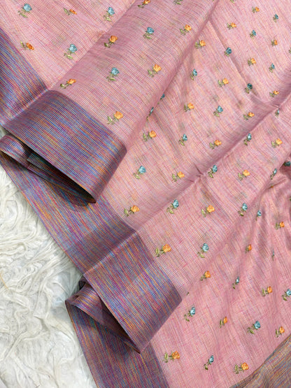 Peach shade linen  embroidery Banarasi saree