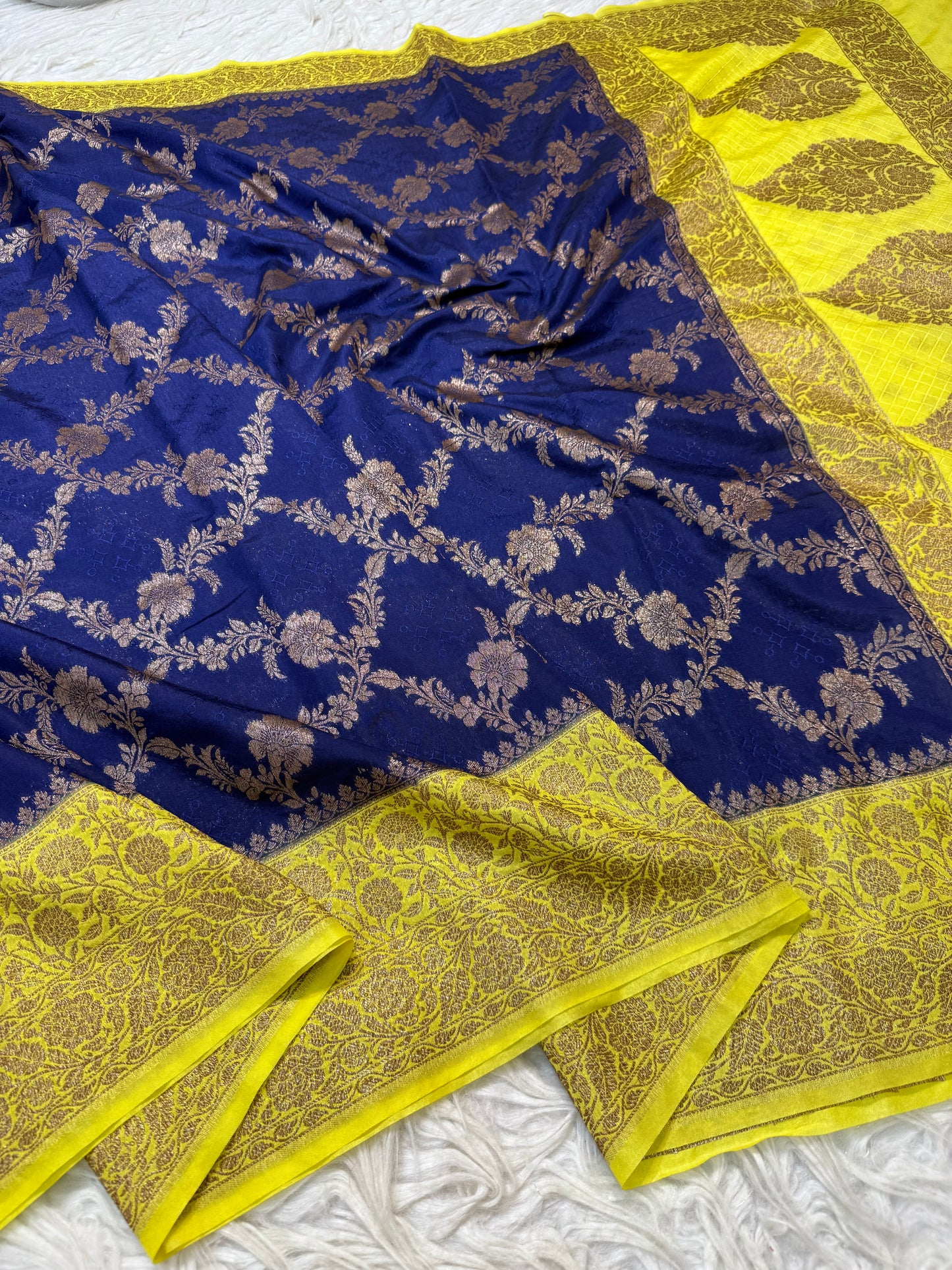 Nevy yellow shade Dupion Silk premium Banarasi Saree