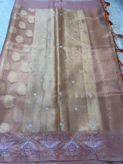 Peach shade tissue kota zardosi work Banarasi saree