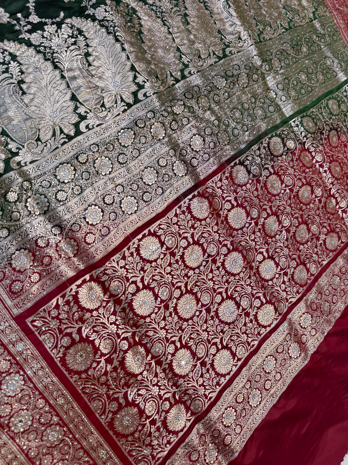 Bottle green & maroon shade Bridal Satan katan ari & stone work Banarasi silk Saree