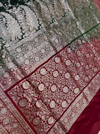 Bottle green & maroon shade Bridal Satan katan ari & stone work Banarasi silk Saree