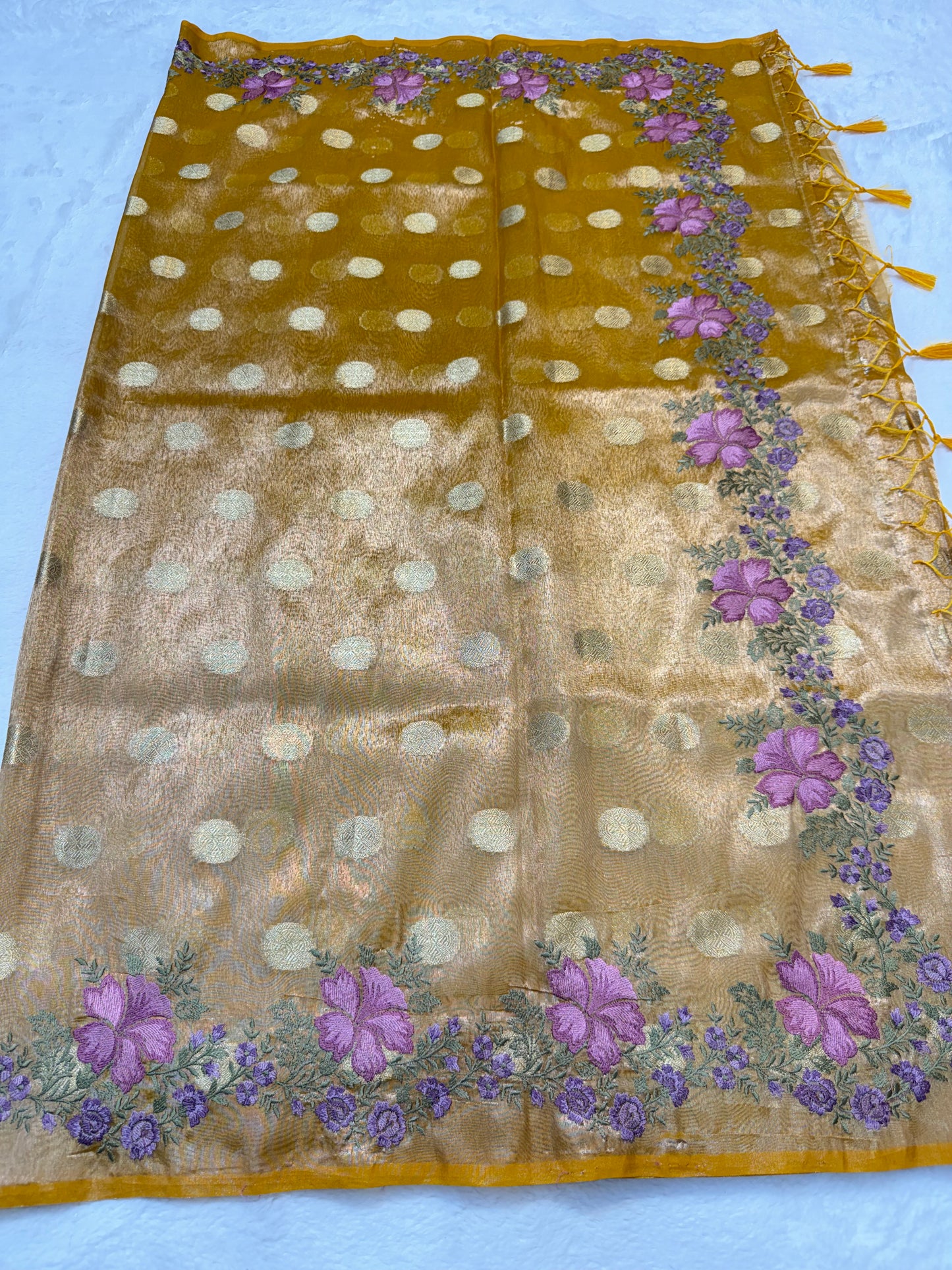 Gold tissue cutwork embroidery premium designer Banarasi saree