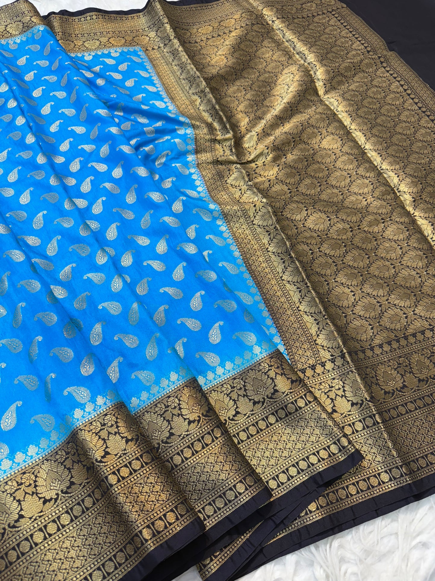 Ferozi & black shade Dupion Silk Banarasi Saree 