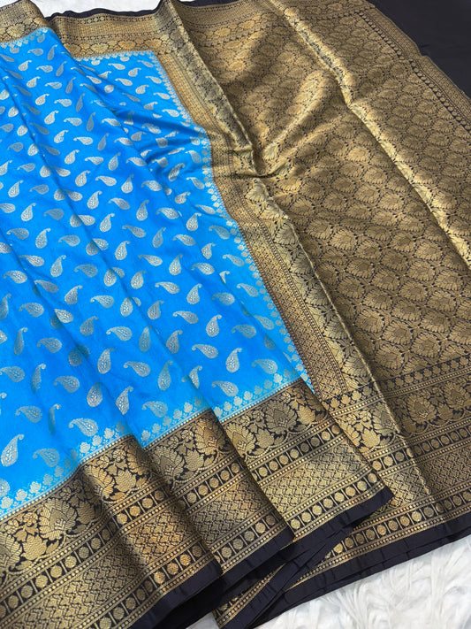 Ferozi & black shade Dupion Silk Banarasi Saree 