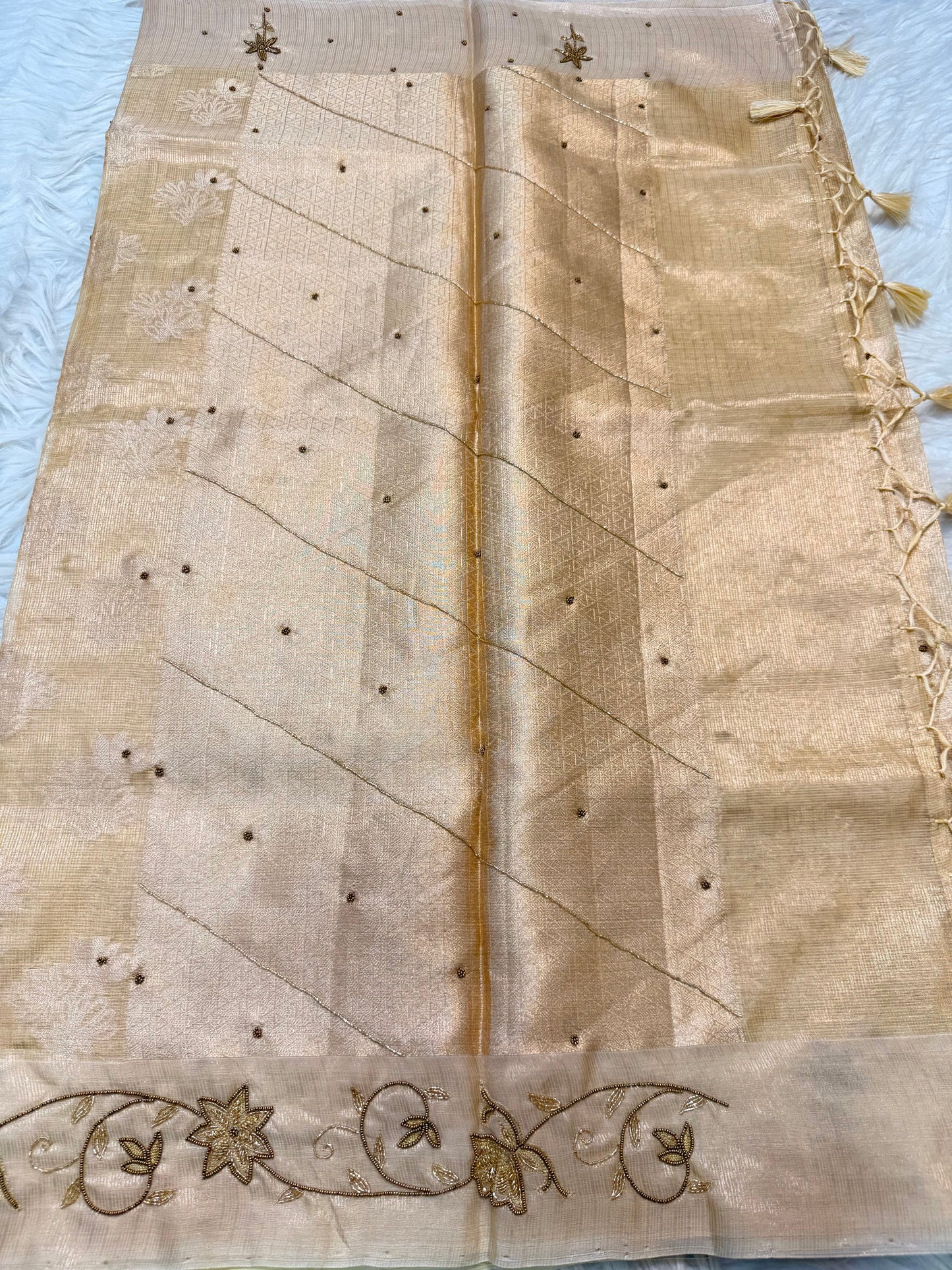 Yellow shade tissue kota handwork premium Banarasi saree