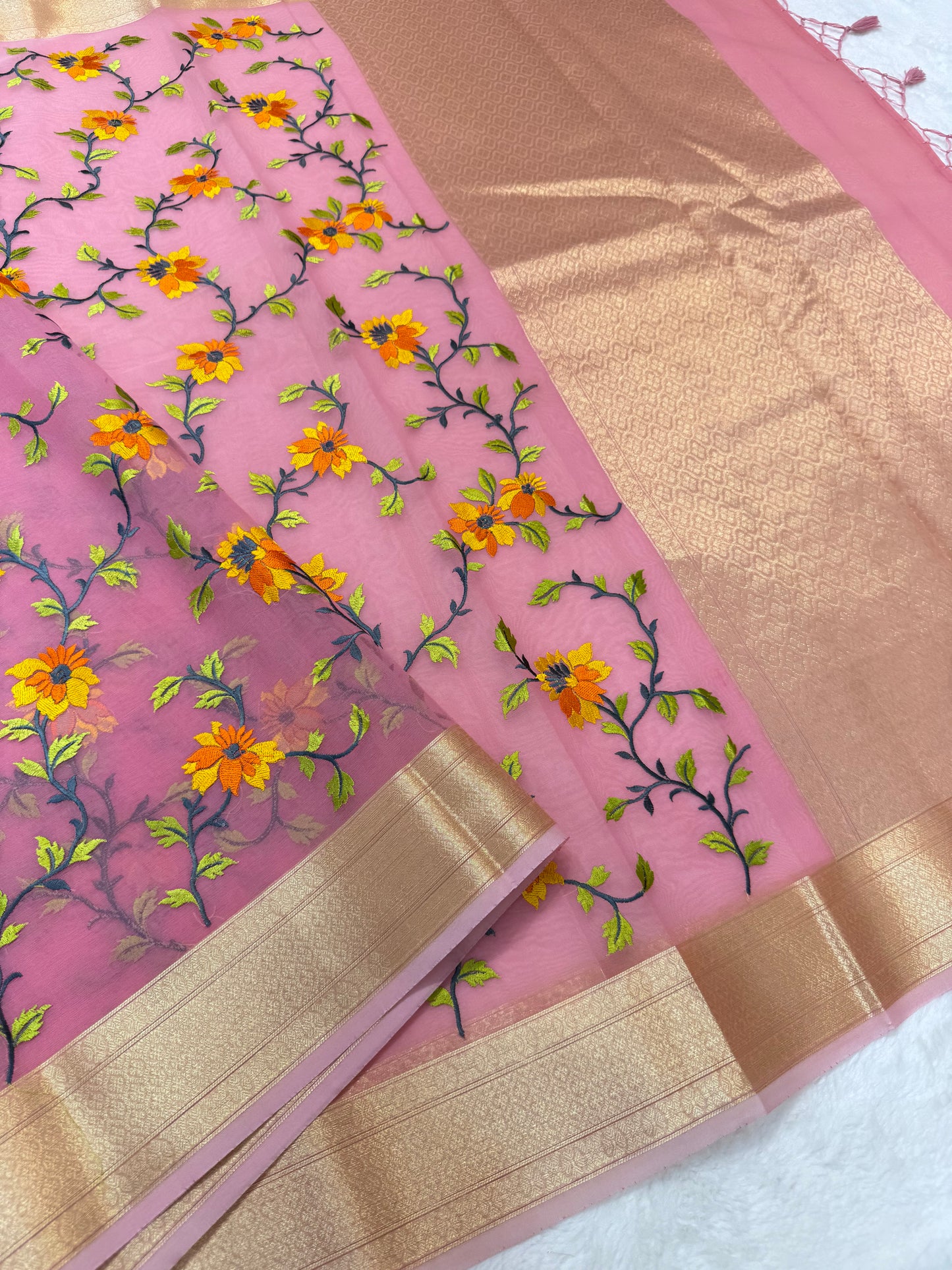 Pink shade organza designer premium embroidery Banarasi saree