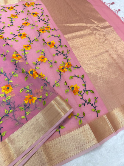 Pink shade organza designer premium embroidery Banarasi saree
