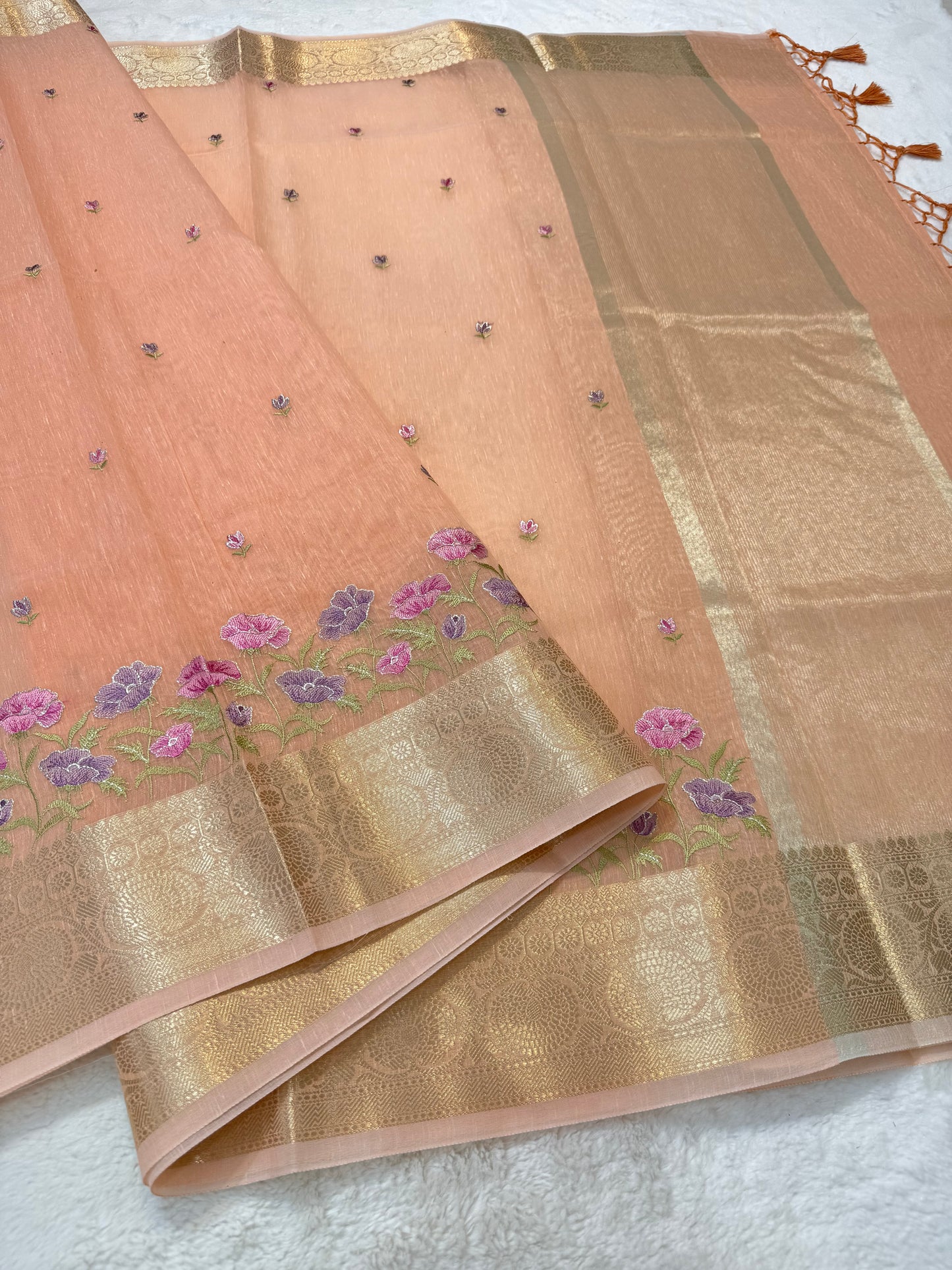 Peach shade linen embroidery Banarasi saree