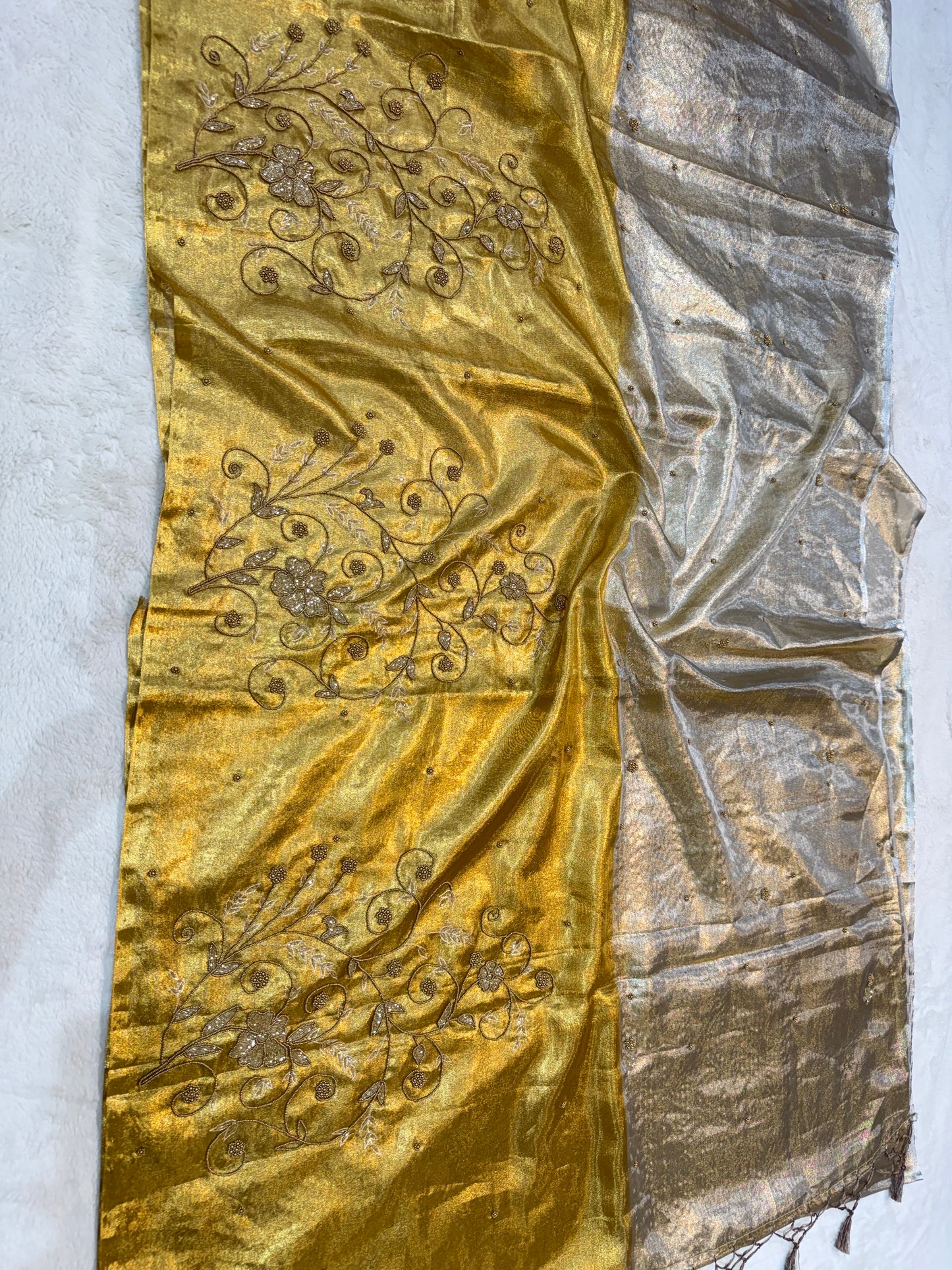 Gold silver tissue half half  tissue designer hand work Banarasi saree