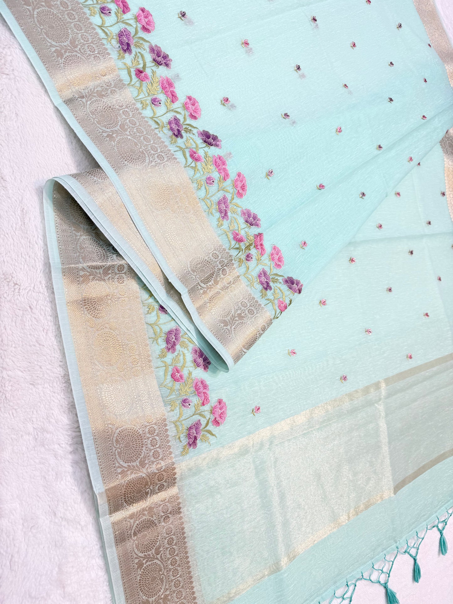 Turquoise shade linen embroidery Banarasi saree